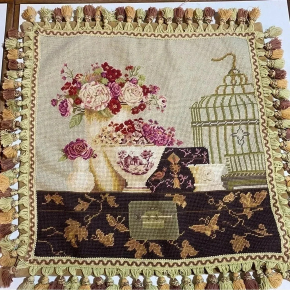 HKH International Wool Needlepoint Cage Floral Pillow Cover 20 In. Sq. READ - Picture 6 of 12